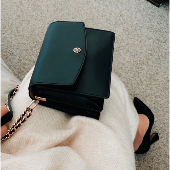 Authentic TORY BURCH Logo Chain Shoulder Bag Leather Black - Picture 12 of 13